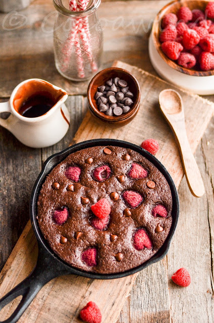 Small Batch Chocolate Chip Raspberry Brownies made in Cast Iron Skillet